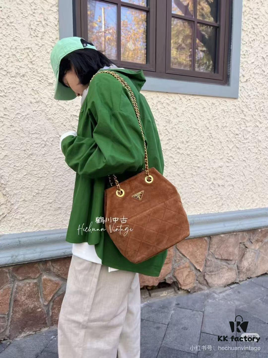 Vintage Prada Suede Crossbody Bag with Chain – A Timeless 'Baozi' Design, Opens as a Long-Chain Tote