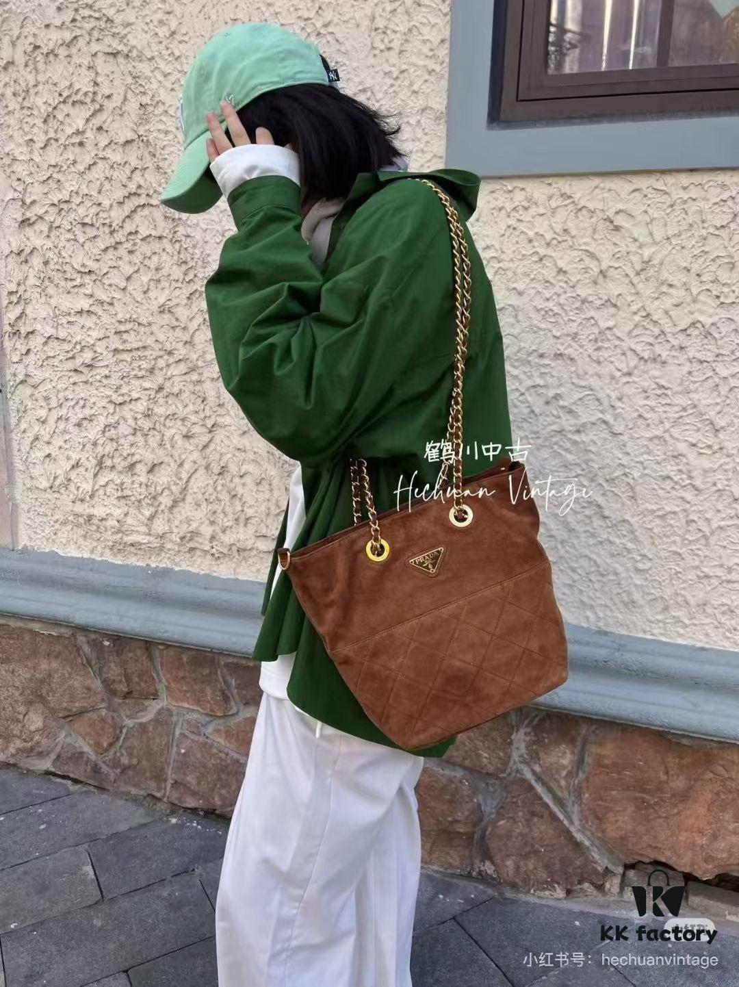 Vintage Prada Suede Crossbody Bag with Chain – A Timeless 'Baozi' Design, Opens as a Long-Chain Tote