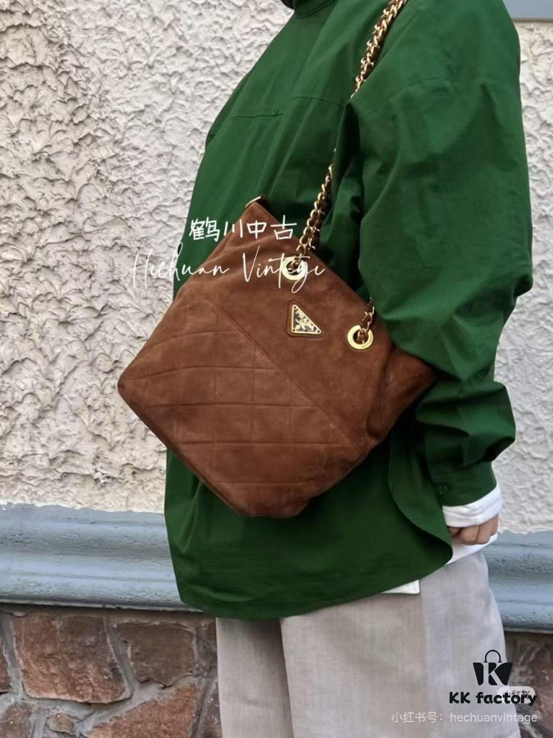 Vintage Prada Suede Crossbody Bag with Chain – A Timeless 'Baozi' Design, Opens as a Long-Chain Tote