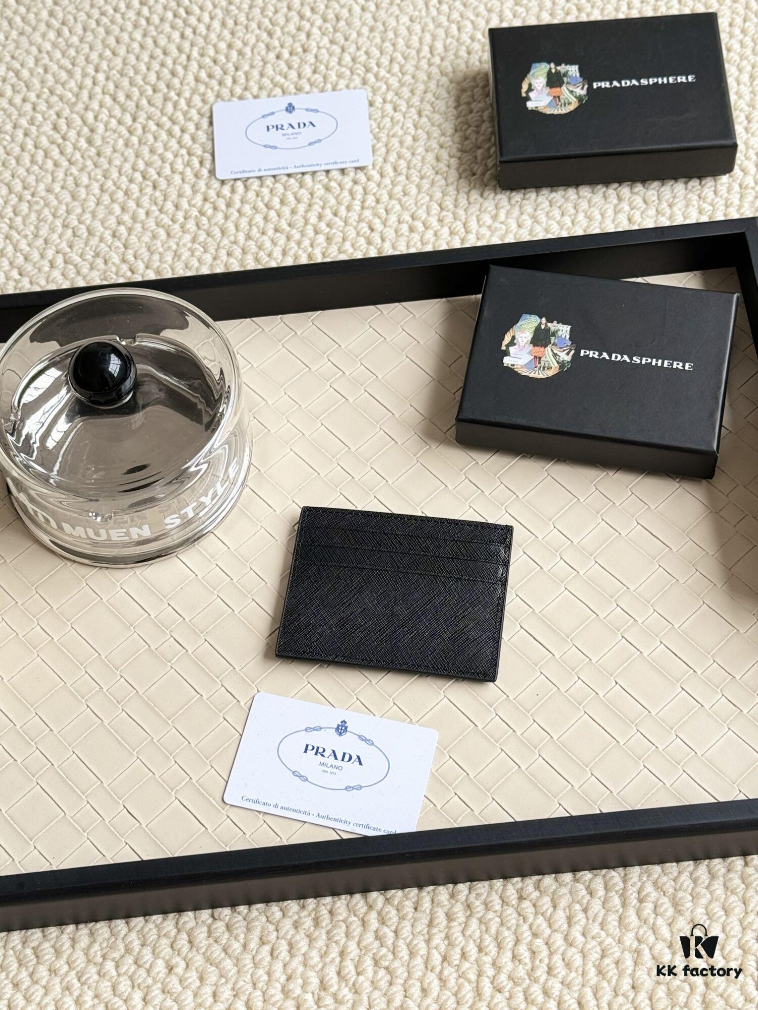 Prada Bestselling Card Holder Unisex Small Wallet Black 1MC025 Diagonal Triangle Pattern Cross-Grain Calfskin Leather 6 Card Slots with Center Compartment