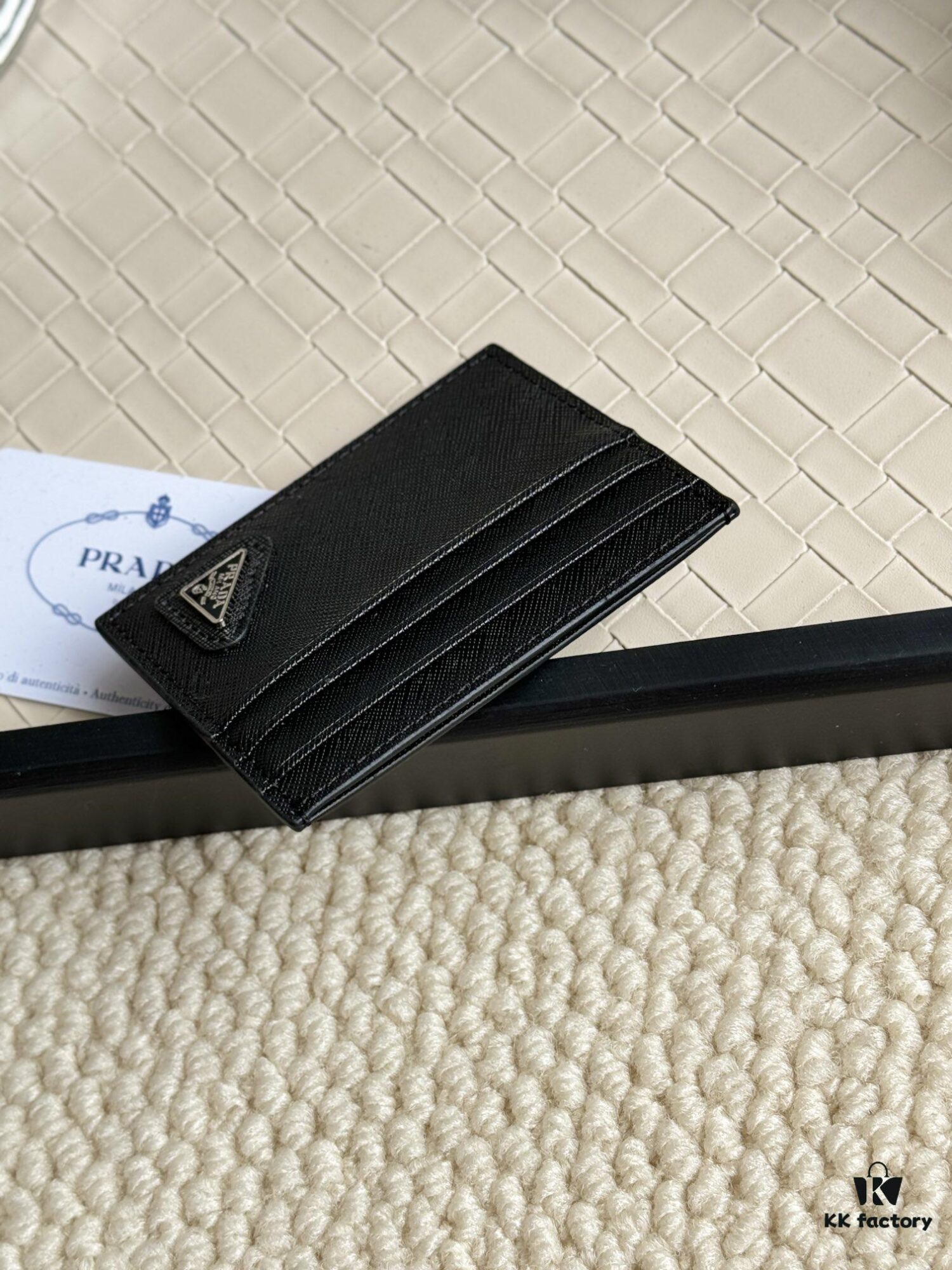 Prada Bestselling Card Holder Unisex Small Wallet Black 1MC025 Diagonal Triangle Pattern Cross-Grain Calfskin Leather 6 Card Slots with Center Compartment