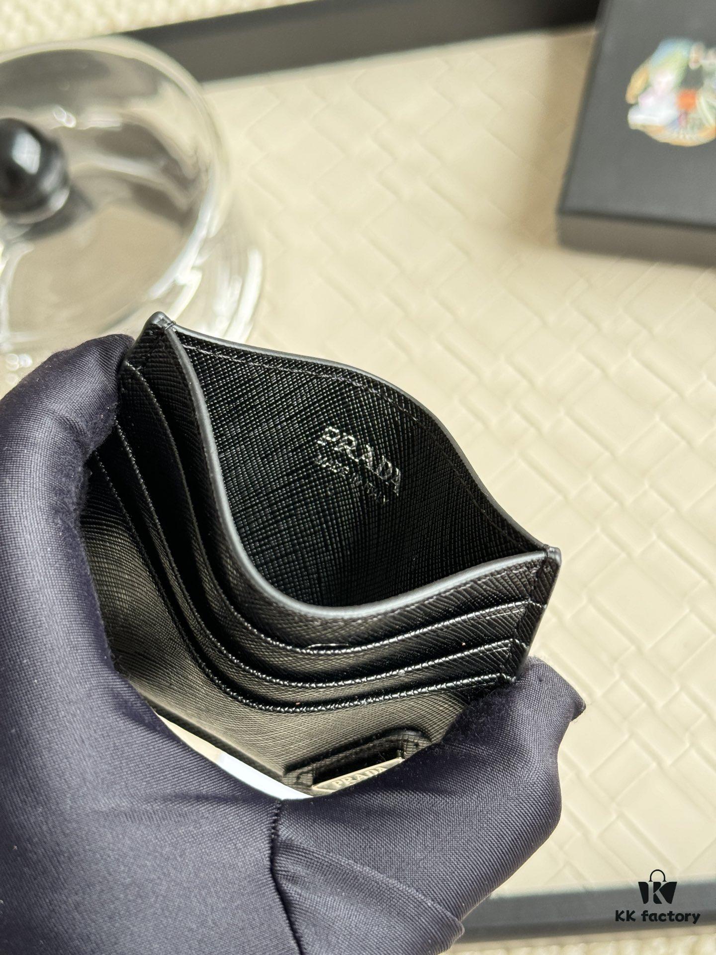 Prada Bestselling Card Holder Unisex Small Wallet Black 1MC025 Diagonal Triangle Pattern Cross-Grain Calfskin Leather 6 Card Slots with Center Compartment