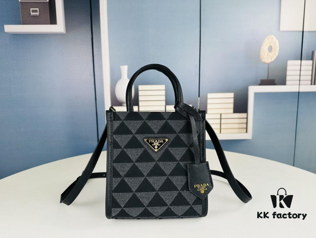 New Small Size Prada Embroidered Fabric Tote Bag in Box (with Long Strap)