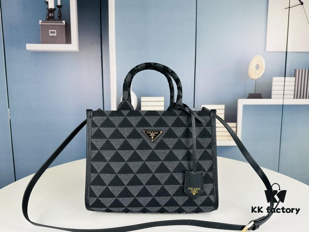 New Medium Prada Embroidered Fabric Tote Bag (with Long Strap)