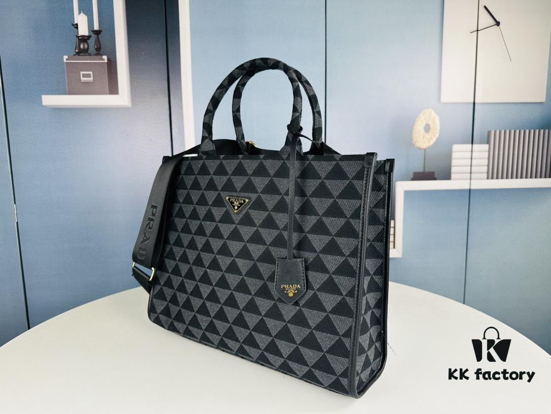 New Large Size Prada Embroidered Fabric Tote Bag (With Long Shoulder Strap)