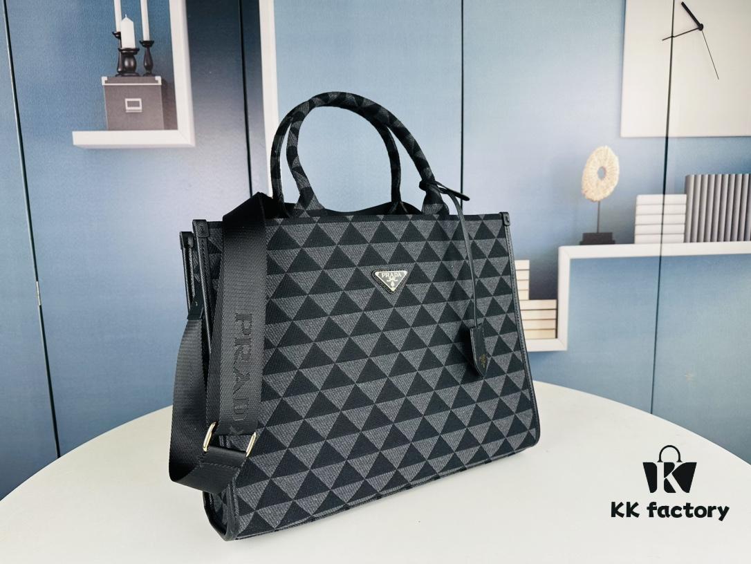 New Large Size Prada Embroidered Fabric Tote Bag (With Long Shoulder Strap)