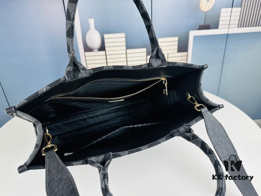 New Large Size Prada Embroidered Fabric Tote Bag (With Long Shoulder Strap)