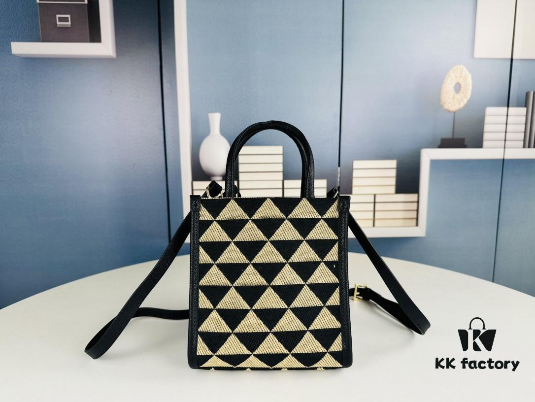 New Small Size Prada Embroidered Fabric Tote Bag in Box (with Long Strap)