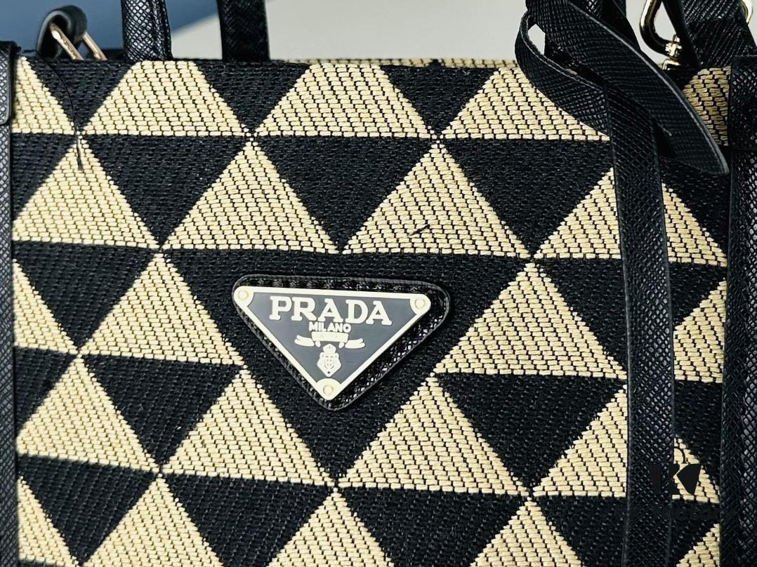 New Small Size Prada Embroidered Fabric Tote Bag in Box (with Long Strap)