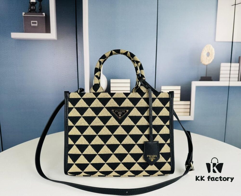 New Medium Prada Embroidered Fabric Tote Bag with Long Shoulder Strap