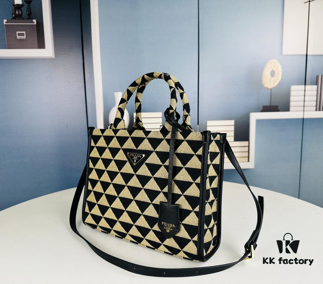 New Medium Prada Embroidered Fabric Tote Bag with Long Shoulder Strap