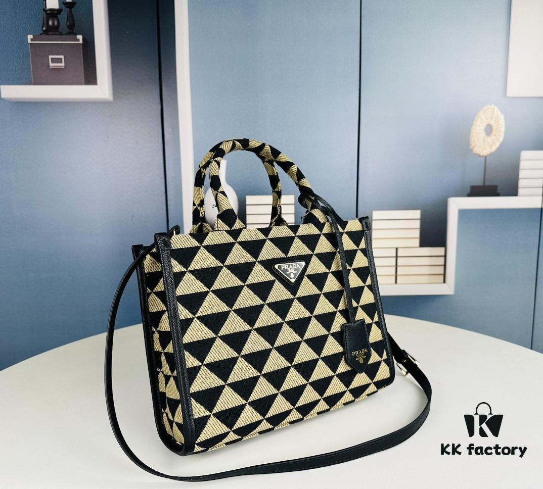 New Medium Prada Embroidered Fabric Tote Bag with Long Shoulder Strap