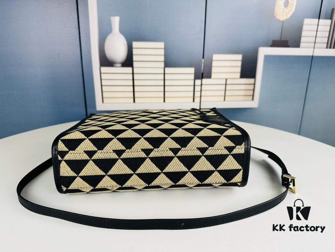 New Medium Prada Embroidered Fabric Tote Bag with Long Shoulder Strap