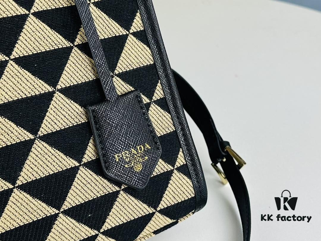 New Medium Prada Embroidered Fabric Tote Bag with Long Shoulder Strap