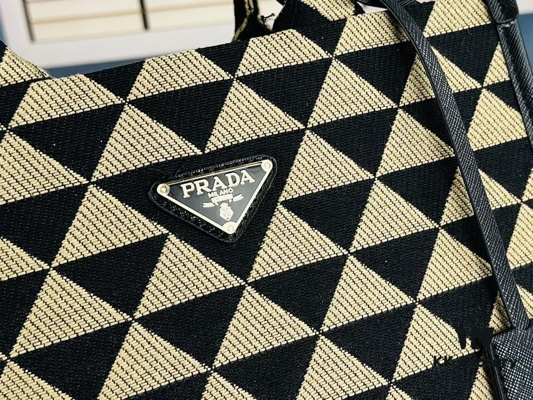New Medium Prada Embroidered Fabric Tote Bag with Long Shoulder Strap