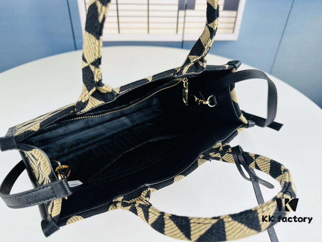 New Medium Prada Embroidered Fabric Tote Bag with Long Shoulder Strap