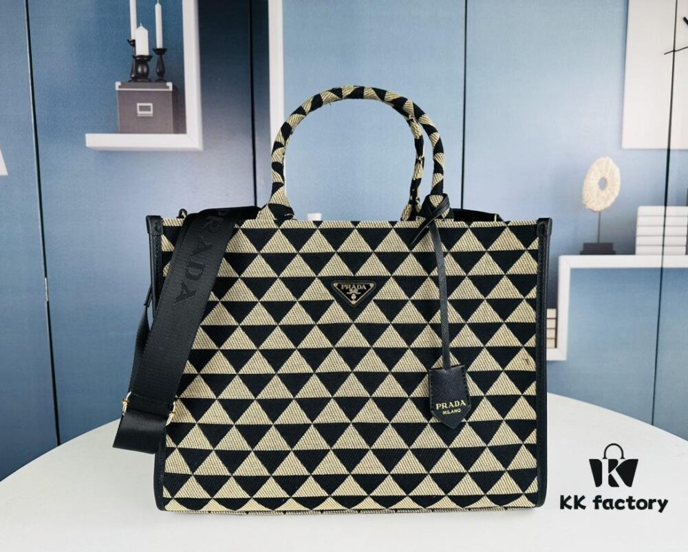 New Large Size Prada Embroidered Fabric Tote Bag (Medium Size) with Long Shoulder Strap