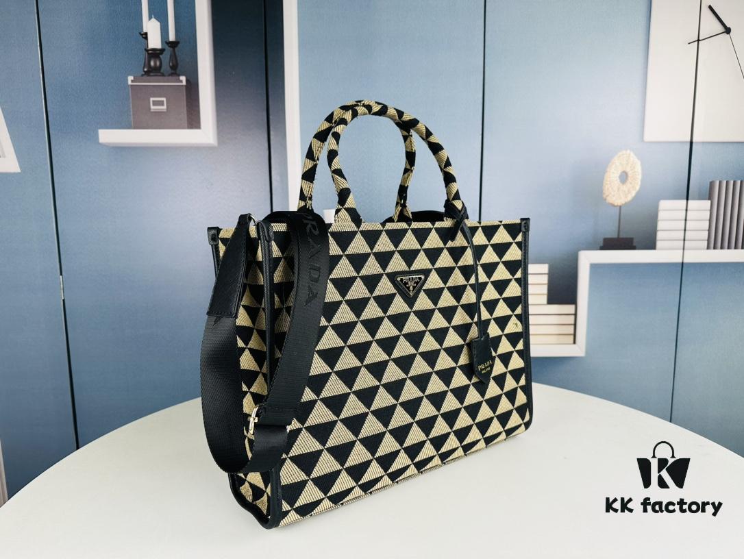 New Large Size Prada Embroidered Fabric Tote Bag (Medium Size) with Long Shoulder Strap