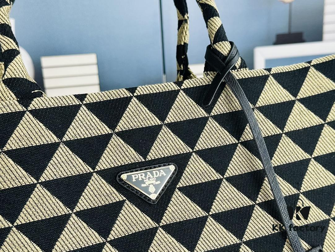 New Large Size Prada Embroidered Fabric Tote Bag (Medium Size) with Long Shoulder Strap