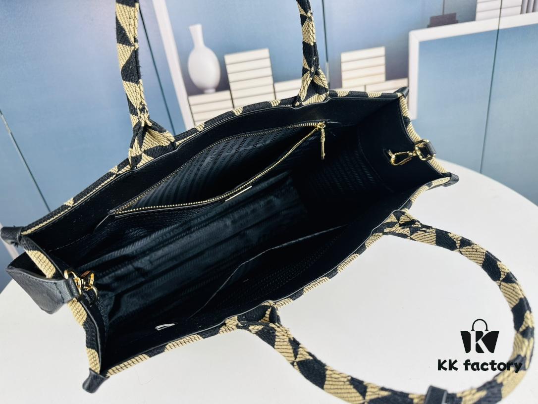 New Large Size Prada Embroidered Fabric Tote Bag (Medium Size) with Long Shoulder Strap