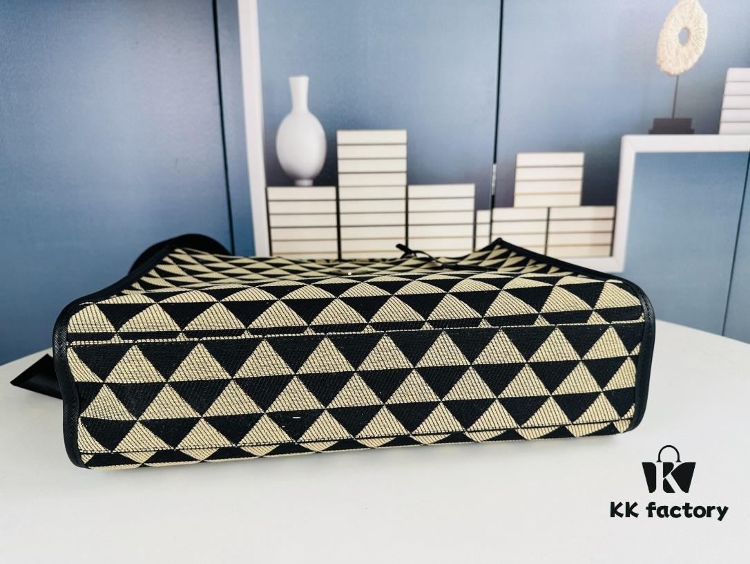 New Large Size Prada Embroidered Fabric Tote Bag (Medium Size) with Long Shoulder Strap