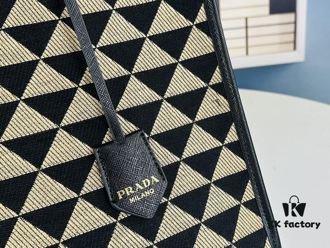 New Large Size Prada Embroidered Fabric Tote Bag (Medium Size) with Long Shoulder Strap