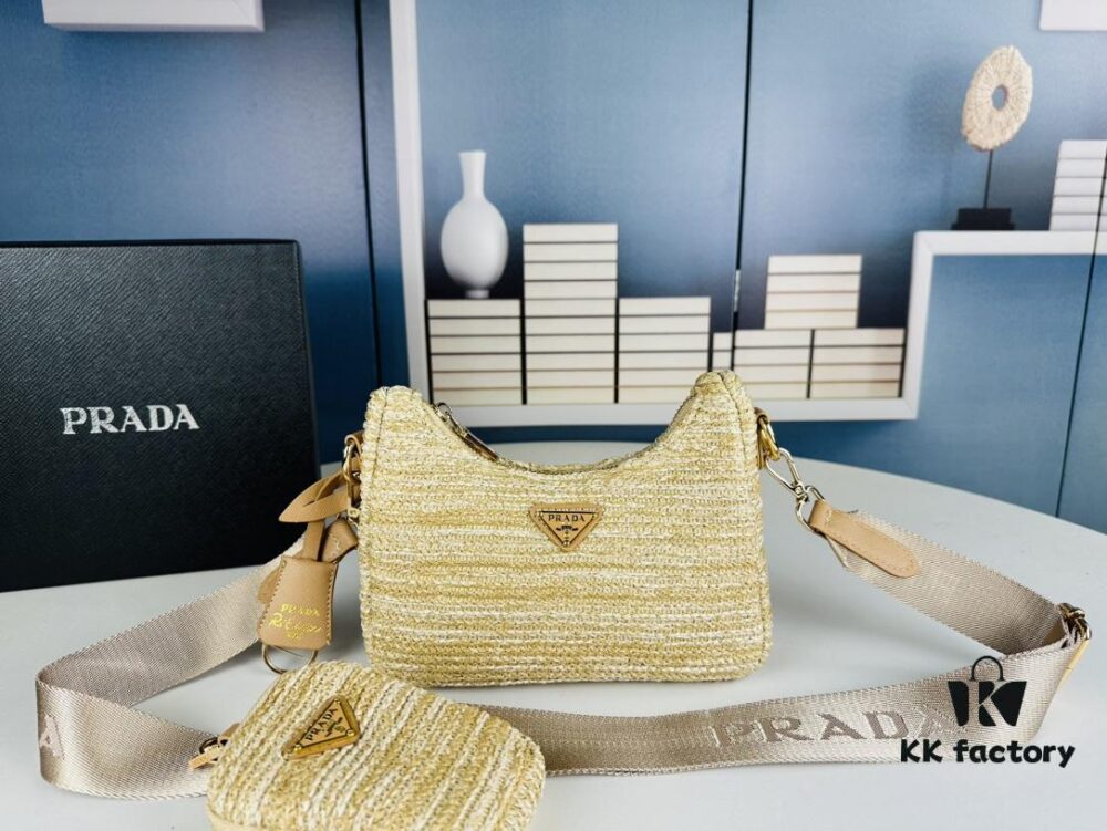 Small Size Prada Hobo Combo Raffia Woven Limited Edition Three-in-One Beach Bag with Box