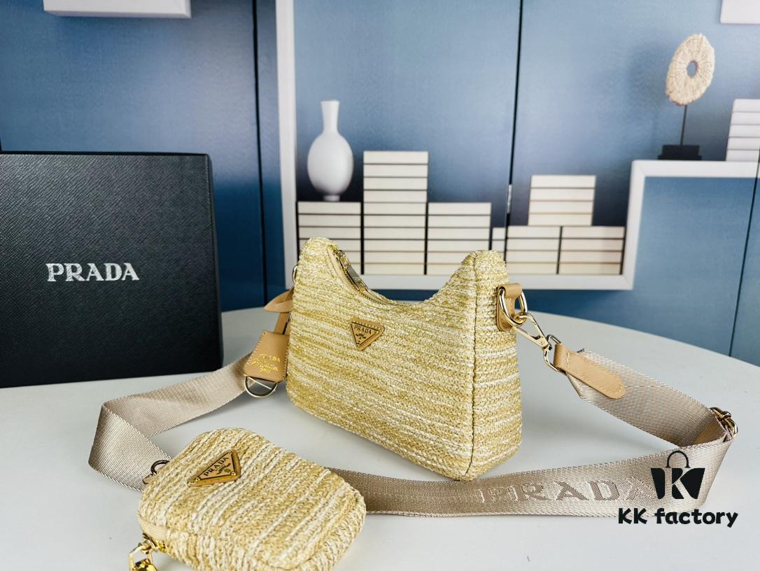 Small Size Prada Hobo Combo Raffia Woven Limited Edition Three-in-One Beach Bag with Box