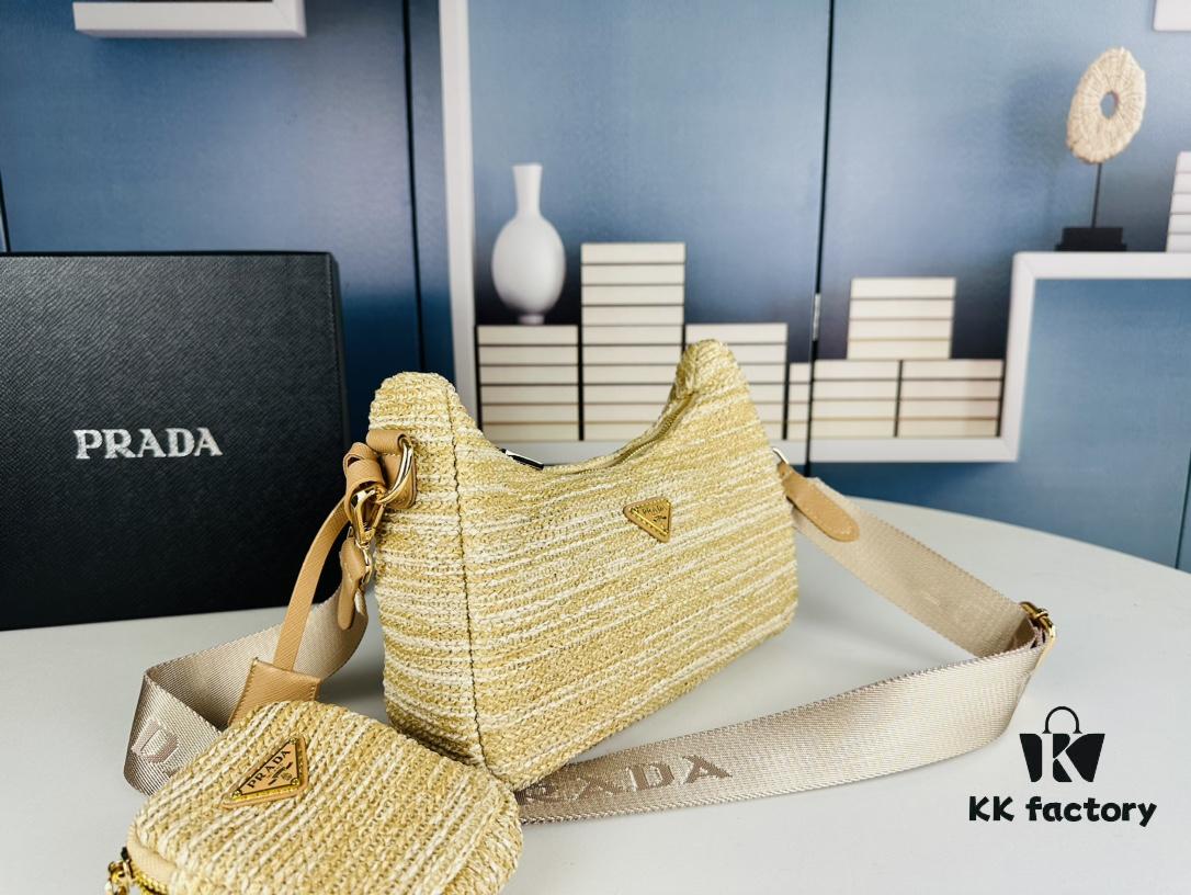 Large Size Prada Hobo Combo Raffia Woven Limited Edition Three-in-One Beach Bag with Box