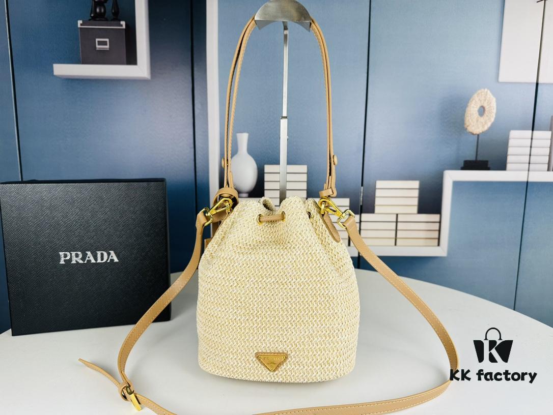 Prada Raffia Woven Bucket Bag with Box