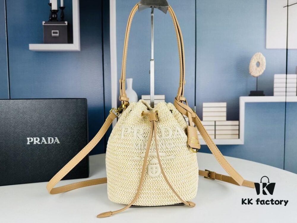 Prada Raffia Woven Bucket Bag with Box