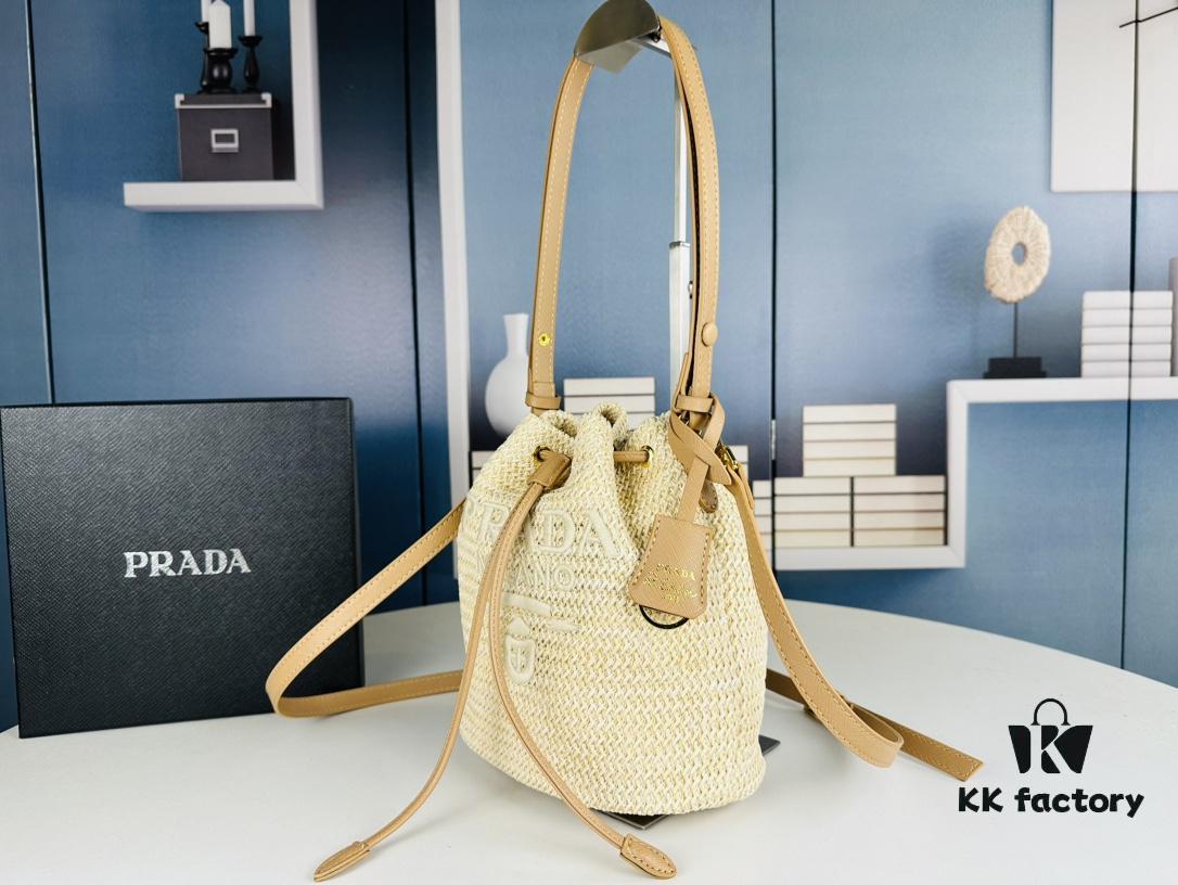 Prada Raffia Woven Bucket Bag with Box