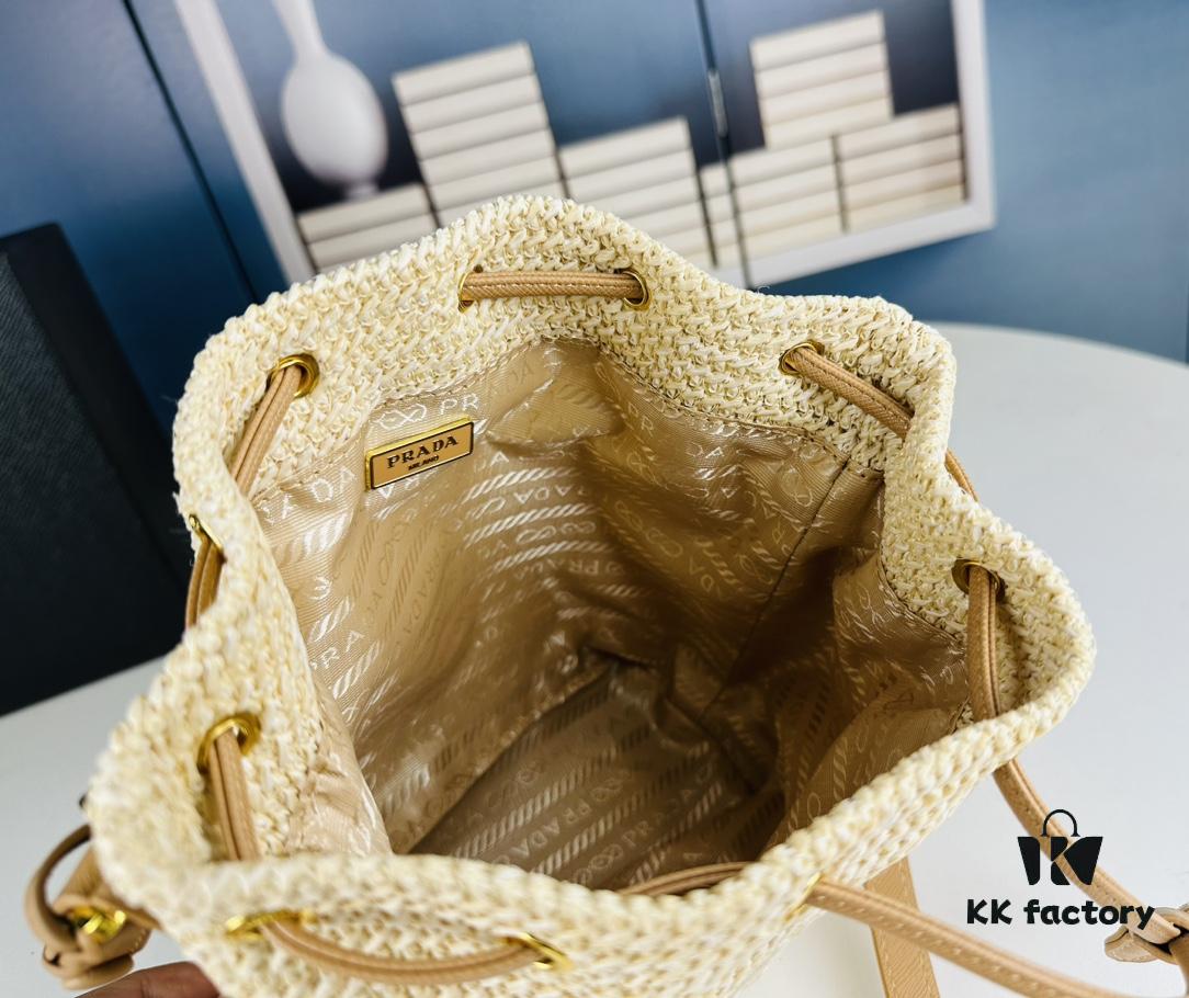 Prada Raffia Woven Bucket Bag with Box