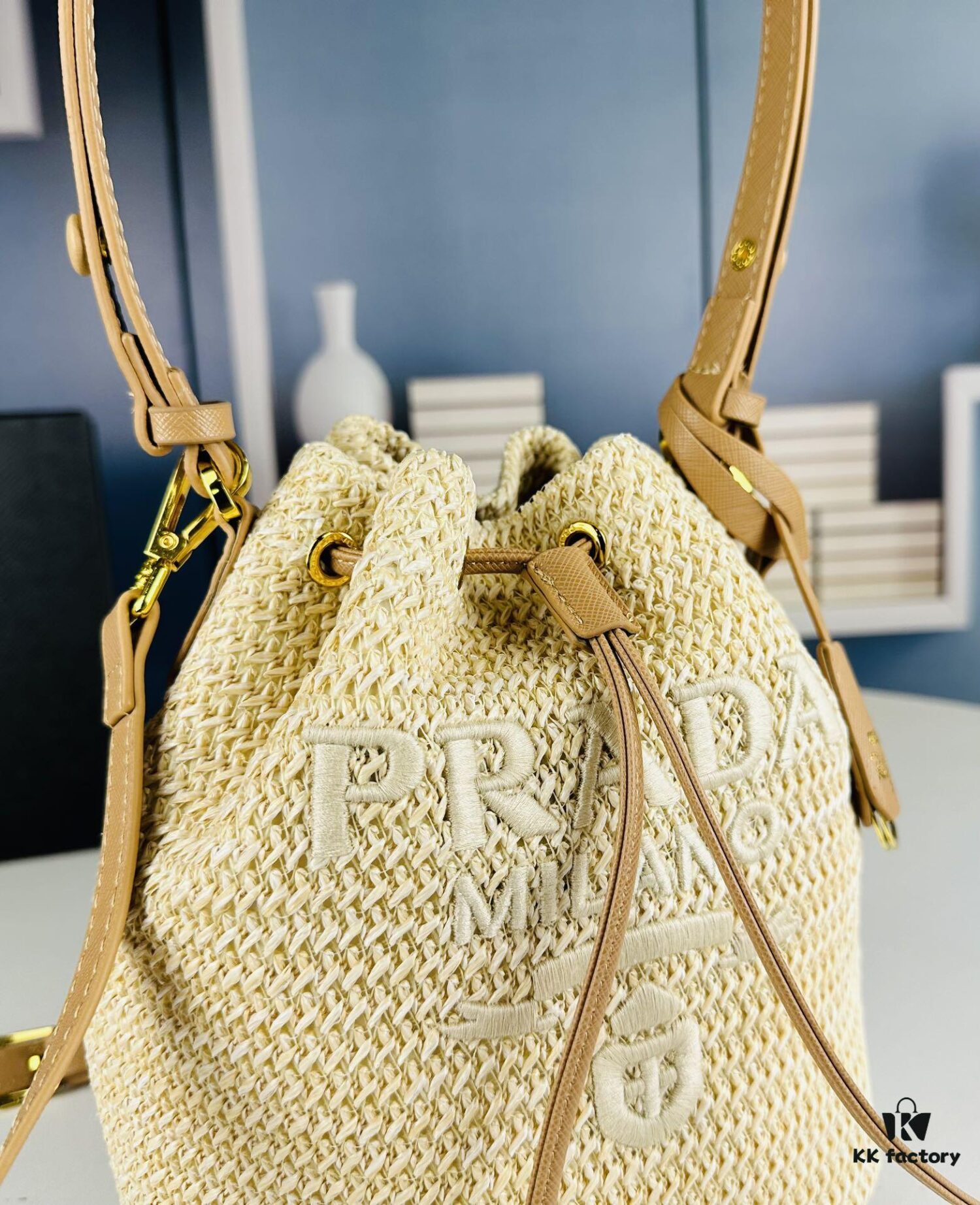 Prada Raffia Woven Bucket Bag with Box