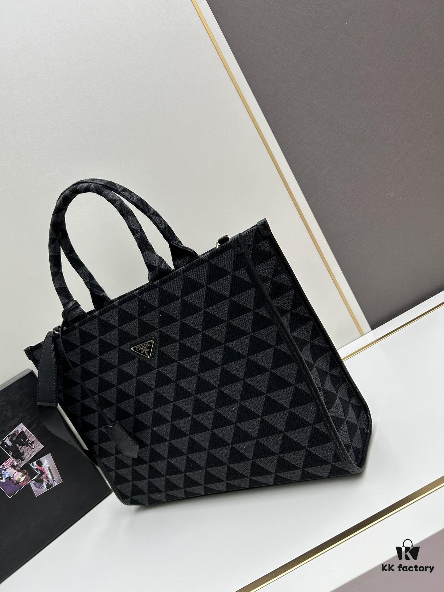 New Large Size Prada Embroidered Fabric Tote Bag (with Long Strap)