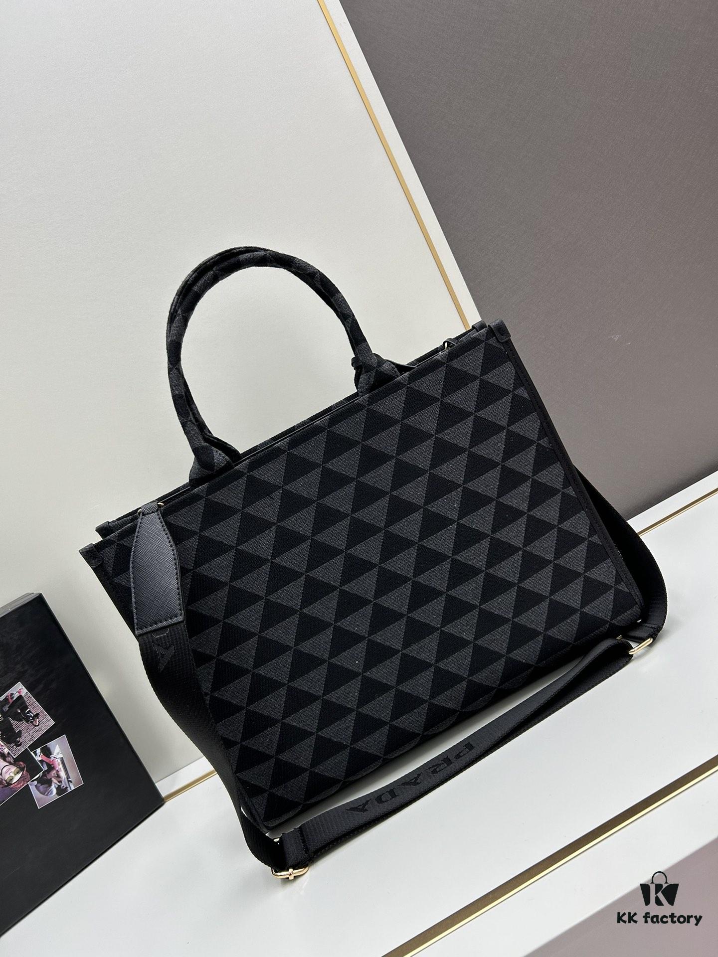 New Large Size Prada Embroidered Fabric Tote Bag (with Long Strap)