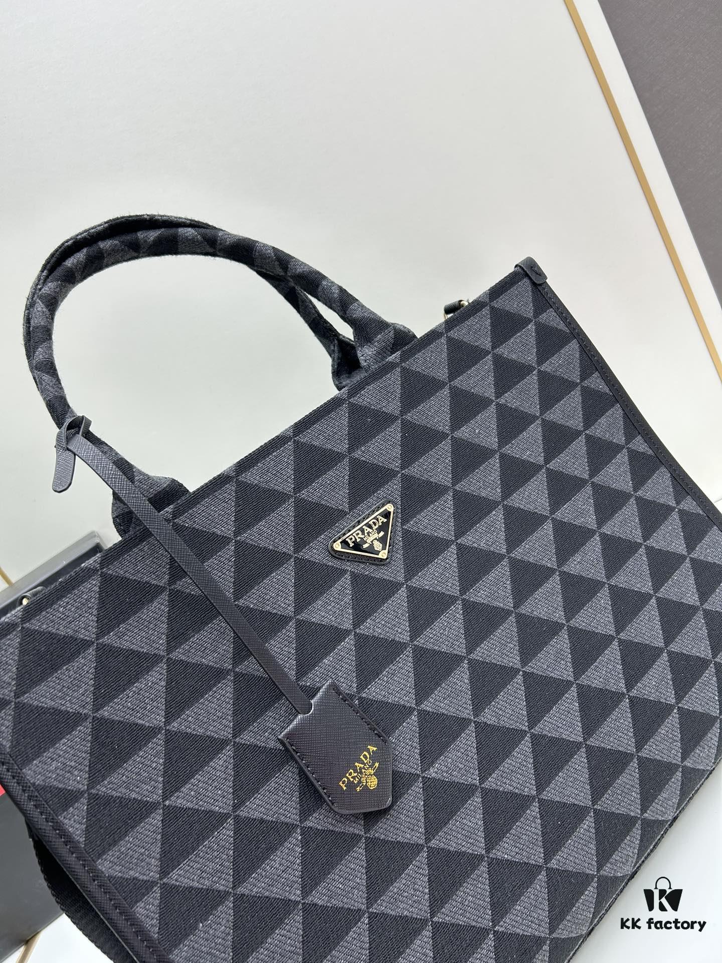 New Large Size Prada Embroidered Fabric Tote Bag (with Long Strap)