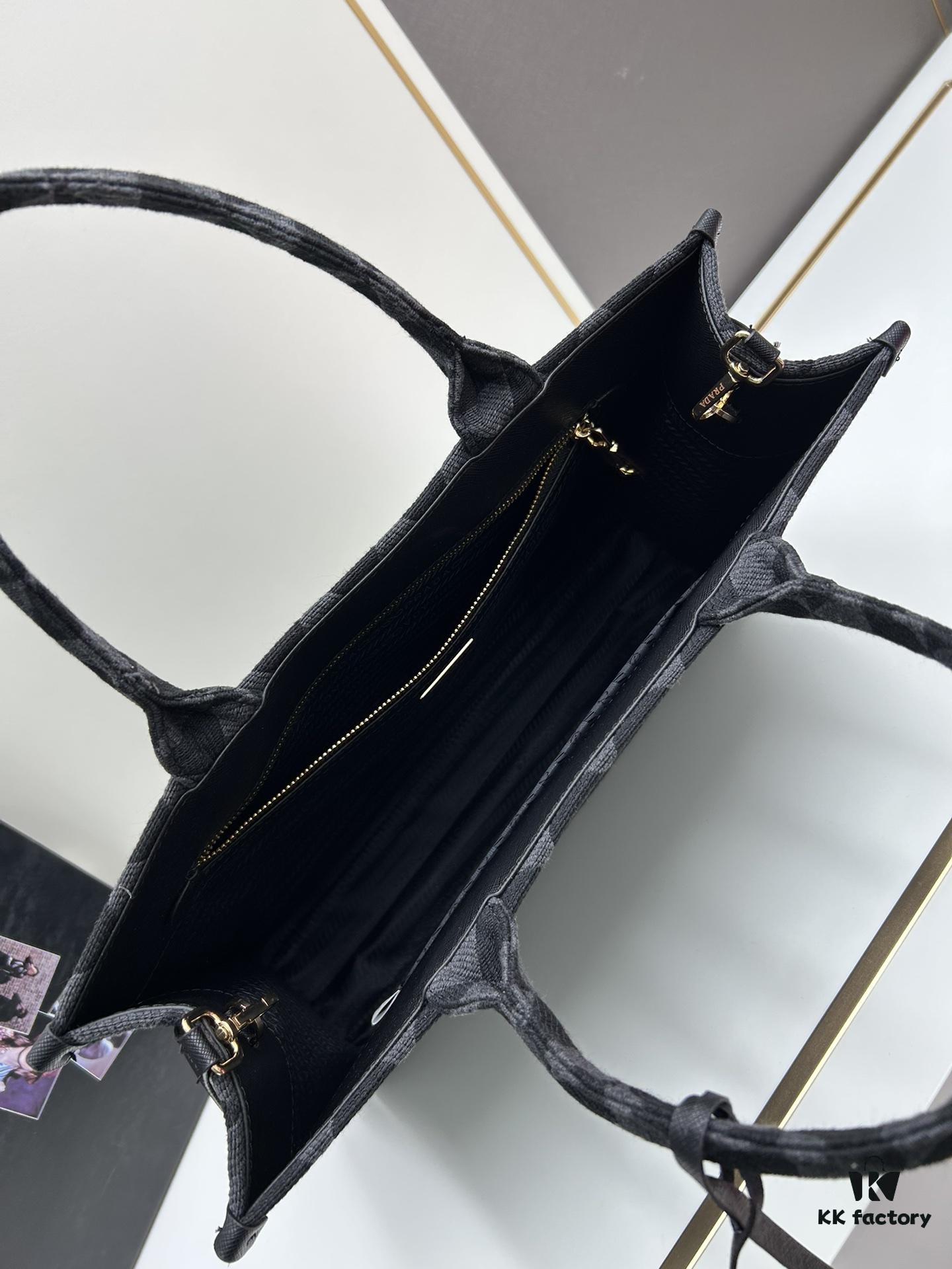 New Large Size Prada Embroidered Fabric Tote Bag (with Long Strap)