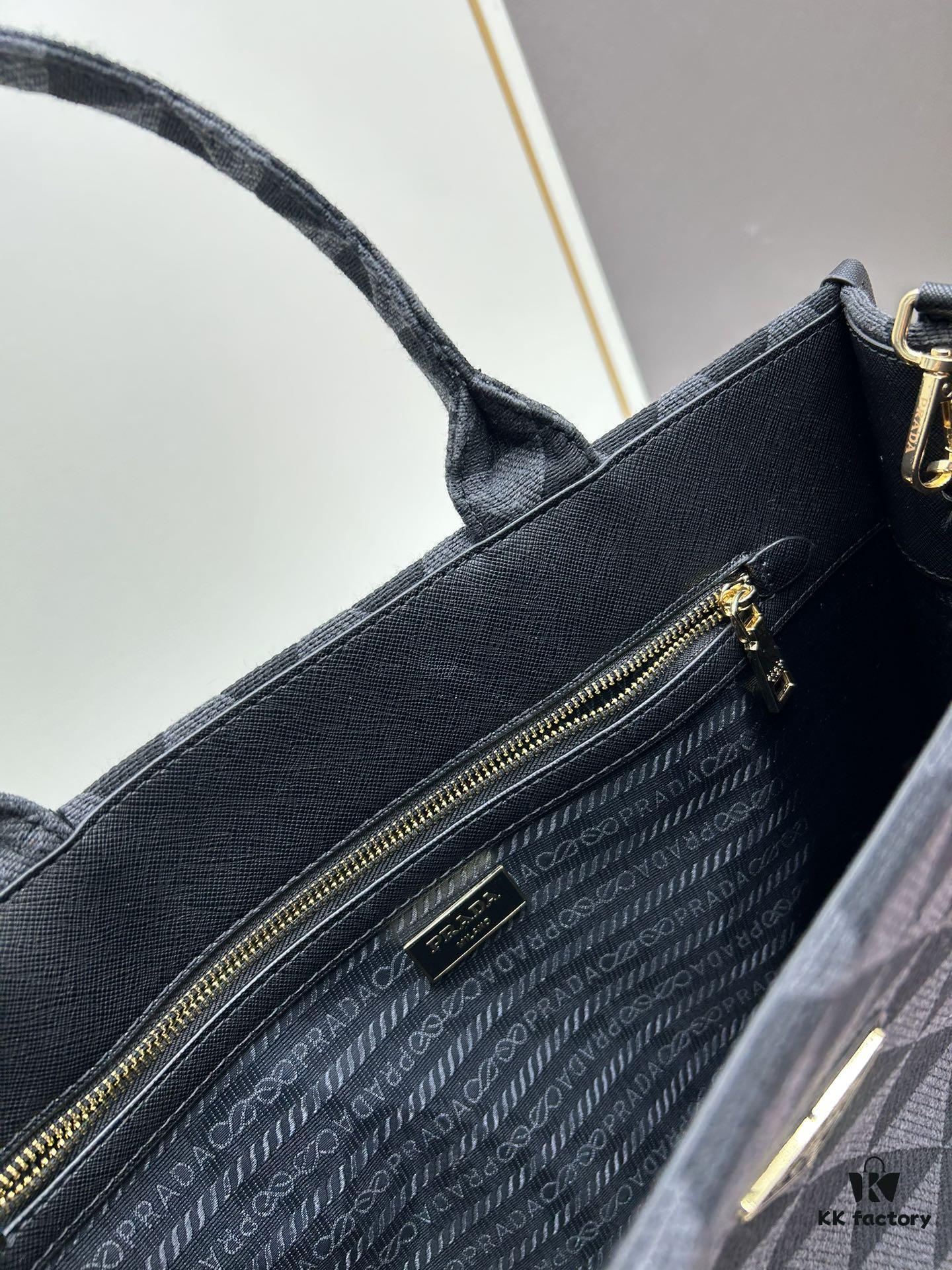 New Large Size Prada Embroidered Fabric Tote Bag (with Long Strap)