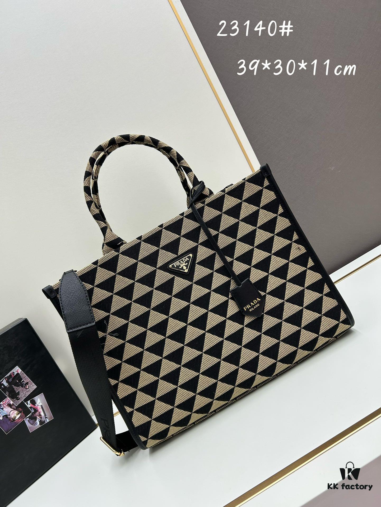 New Large PRADA Embroidered Fabric Tote Bag (Medium Size) with Long Adjustable Saffiano Leather Strap