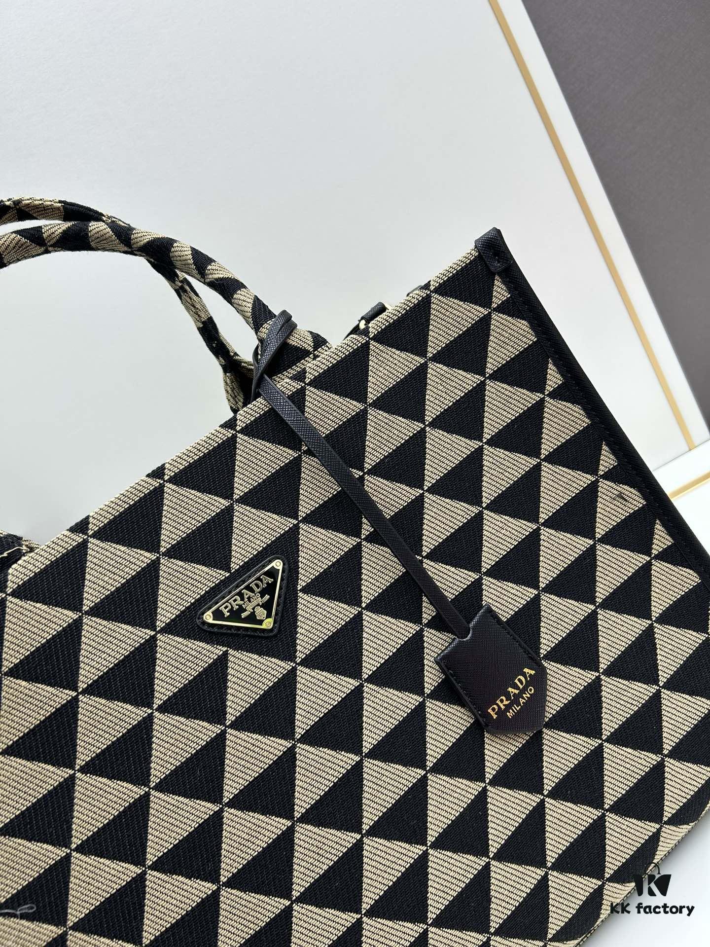 New Large PRADA Embroidered Fabric Tote Bag (Medium Size) with Long Adjustable Saffiano Leather Strap