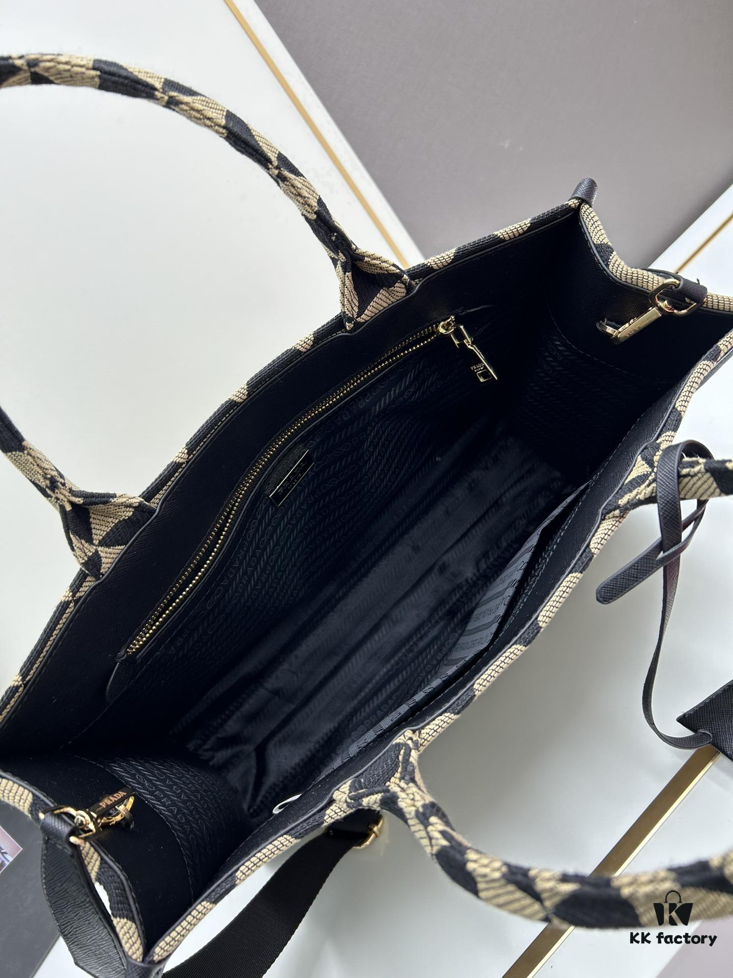 New Large PRADA Embroidered Fabric Tote Bag (Medium Size) with Long Adjustable Saffiano Leather Strap