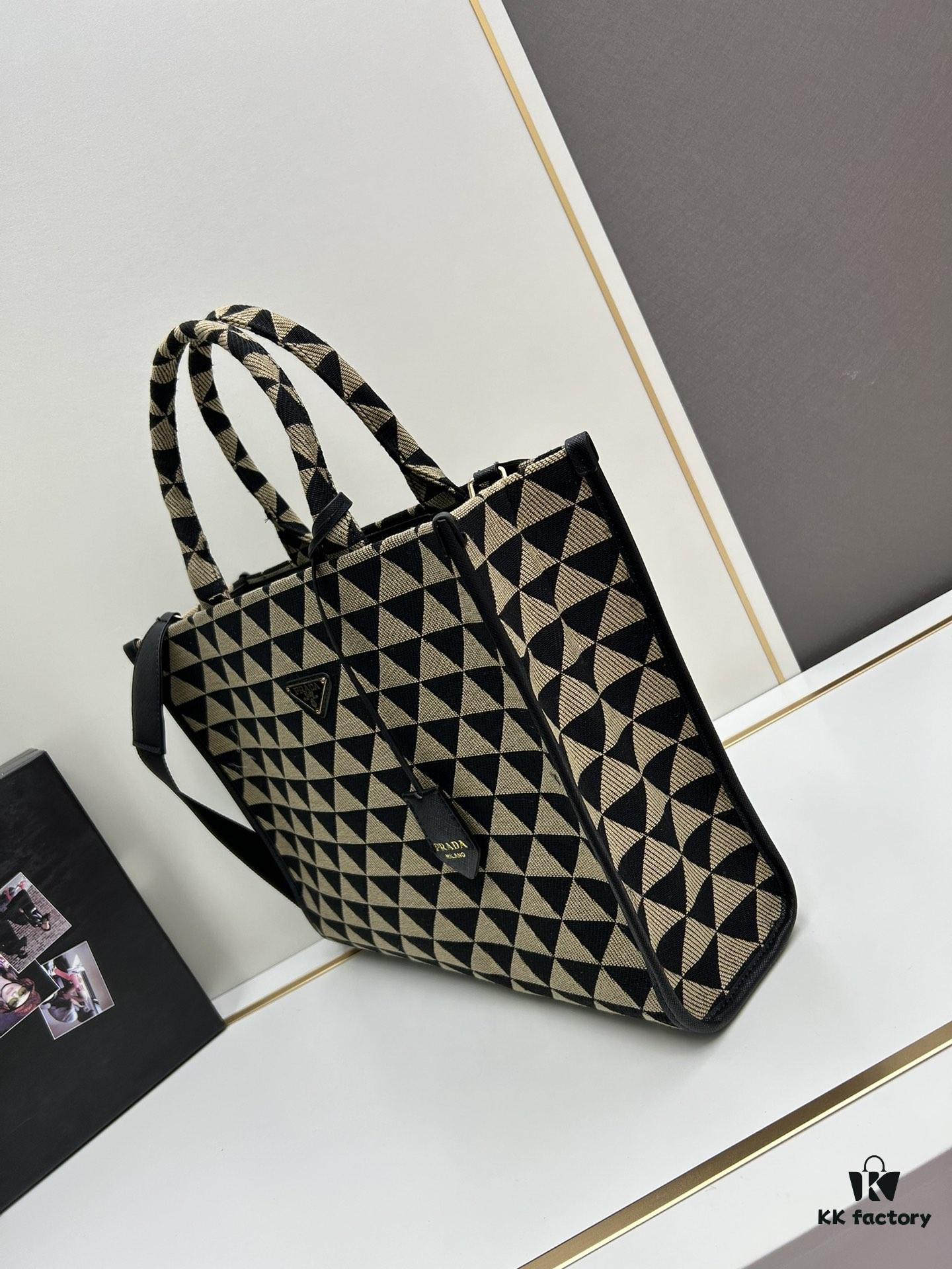 New Large PRADA Embroidered Fabric Tote Bag (Medium Size) with Long Adjustable Saffiano Leather Strap