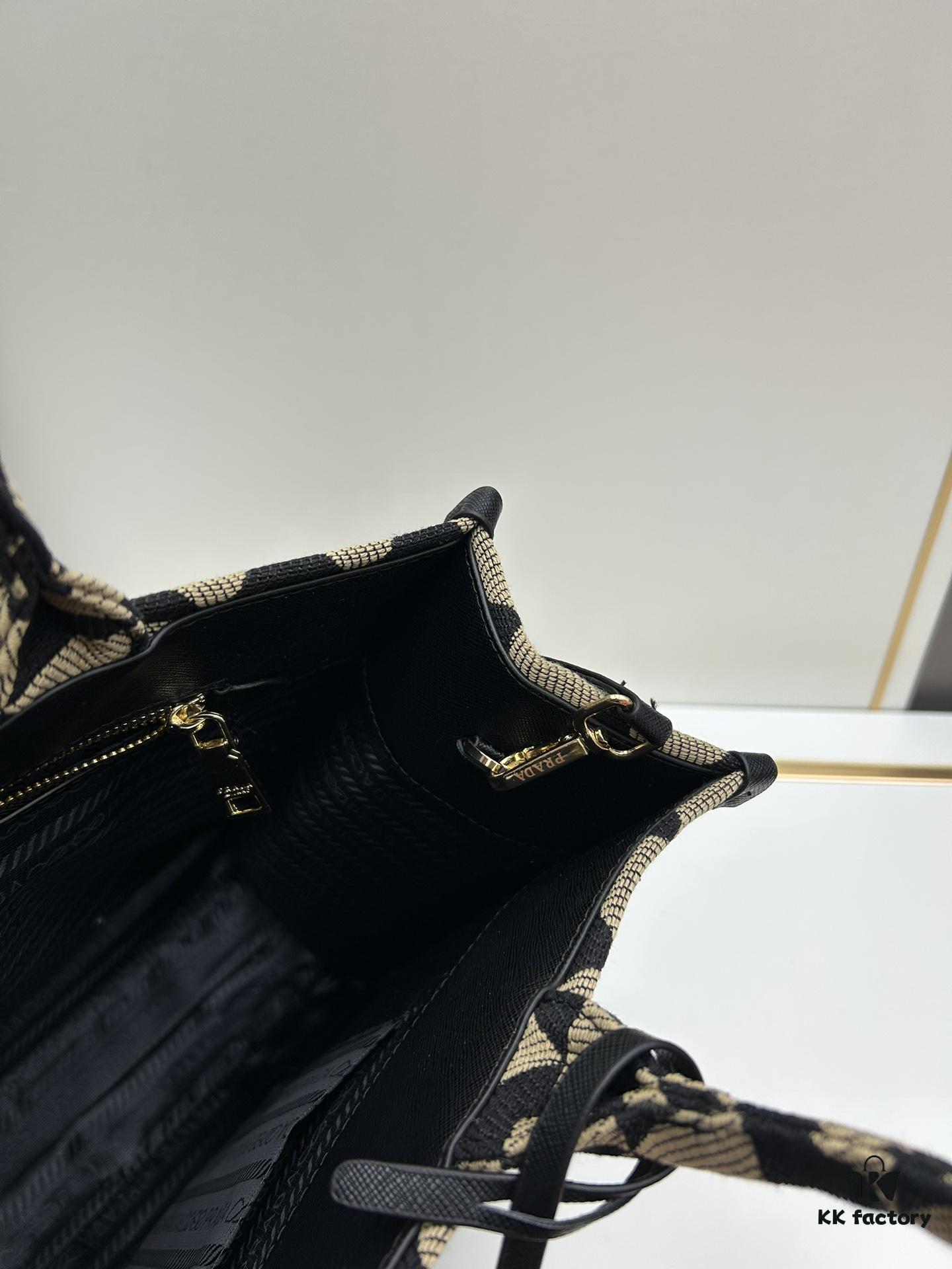 New Large PRADA Embroidered Fabric Tote Bag (Medium Size) with Long Adjustable Saffiano Leather Strap