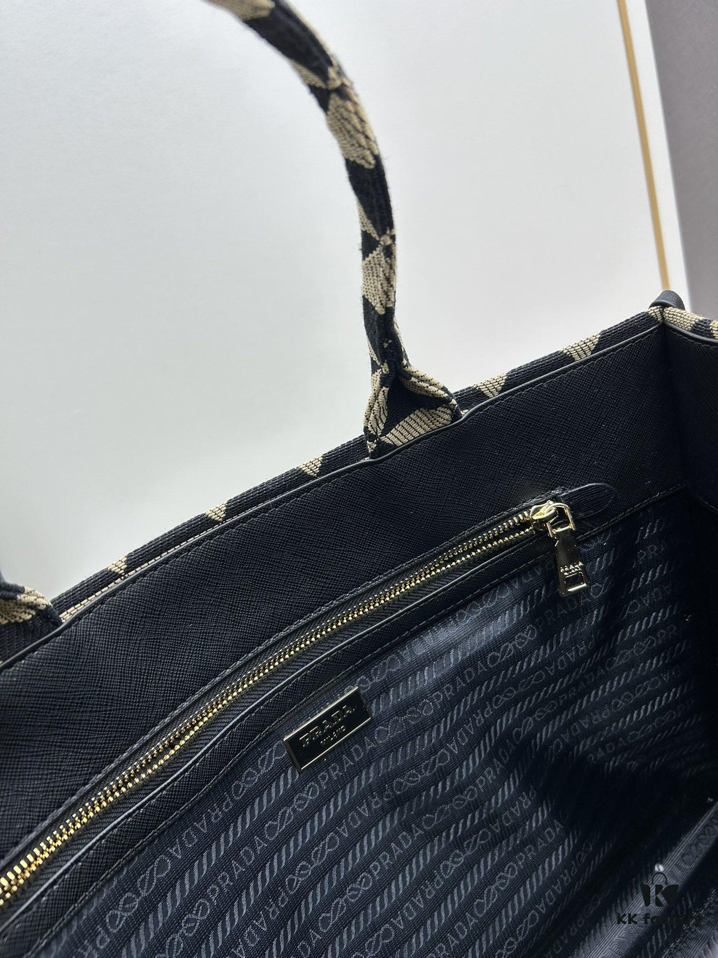 New Large PRADA Embroidered Fabric Tote Bag (Medium Size) with Long Adjustable Saffiano Leather Strap