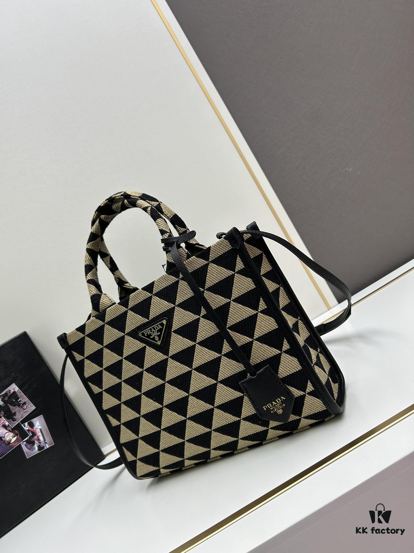 New Medium Prada Embroidered Fabric Tote Bag with Long Shoulder Strap