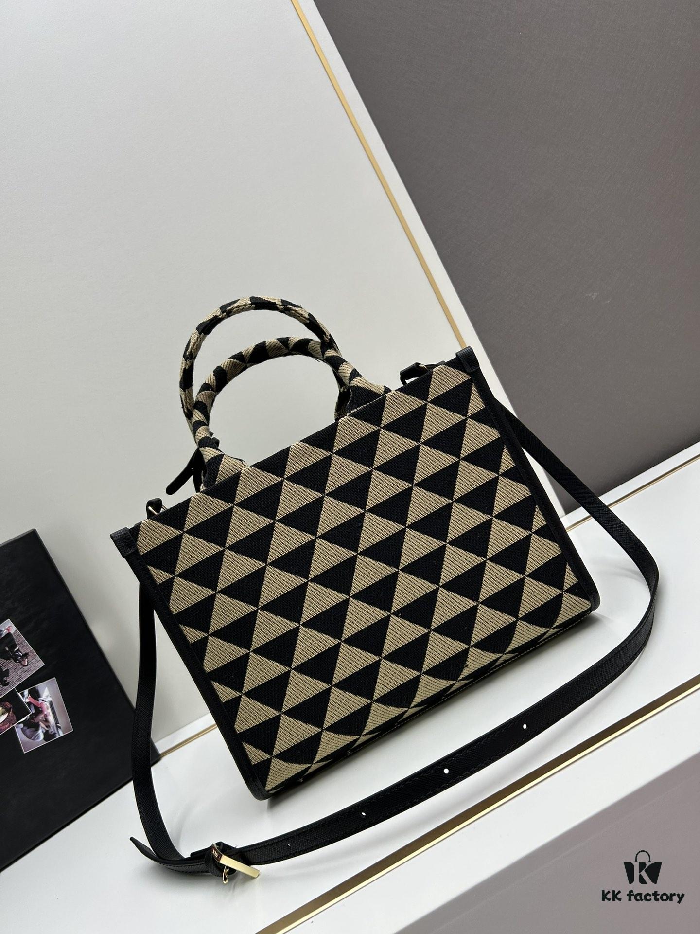 New Medium Prada Embroidered Fabric Tote Bag with Long Shoulder Strap