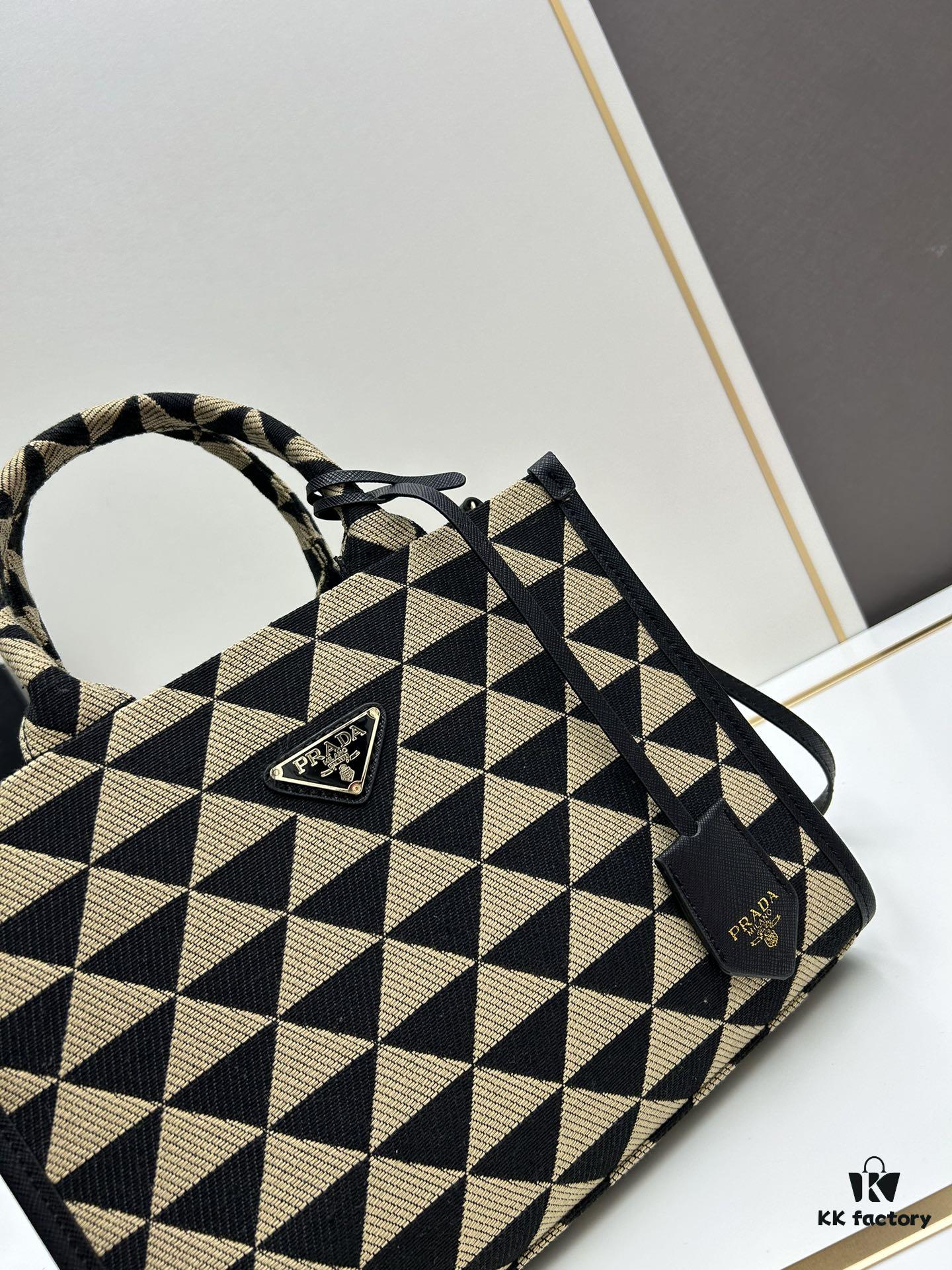 New Medium Prada Embroidered Fabric Tote Bag with Long Shoulder Strap