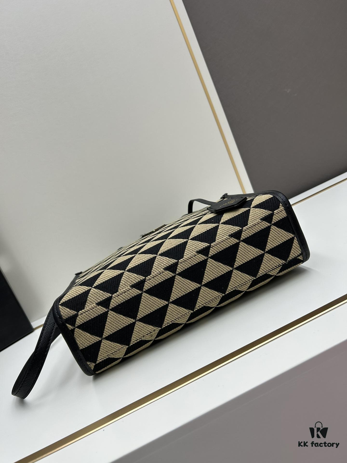 New Medium Prada Embroidered Fabric Tote Bag with Long Shoulder Strap