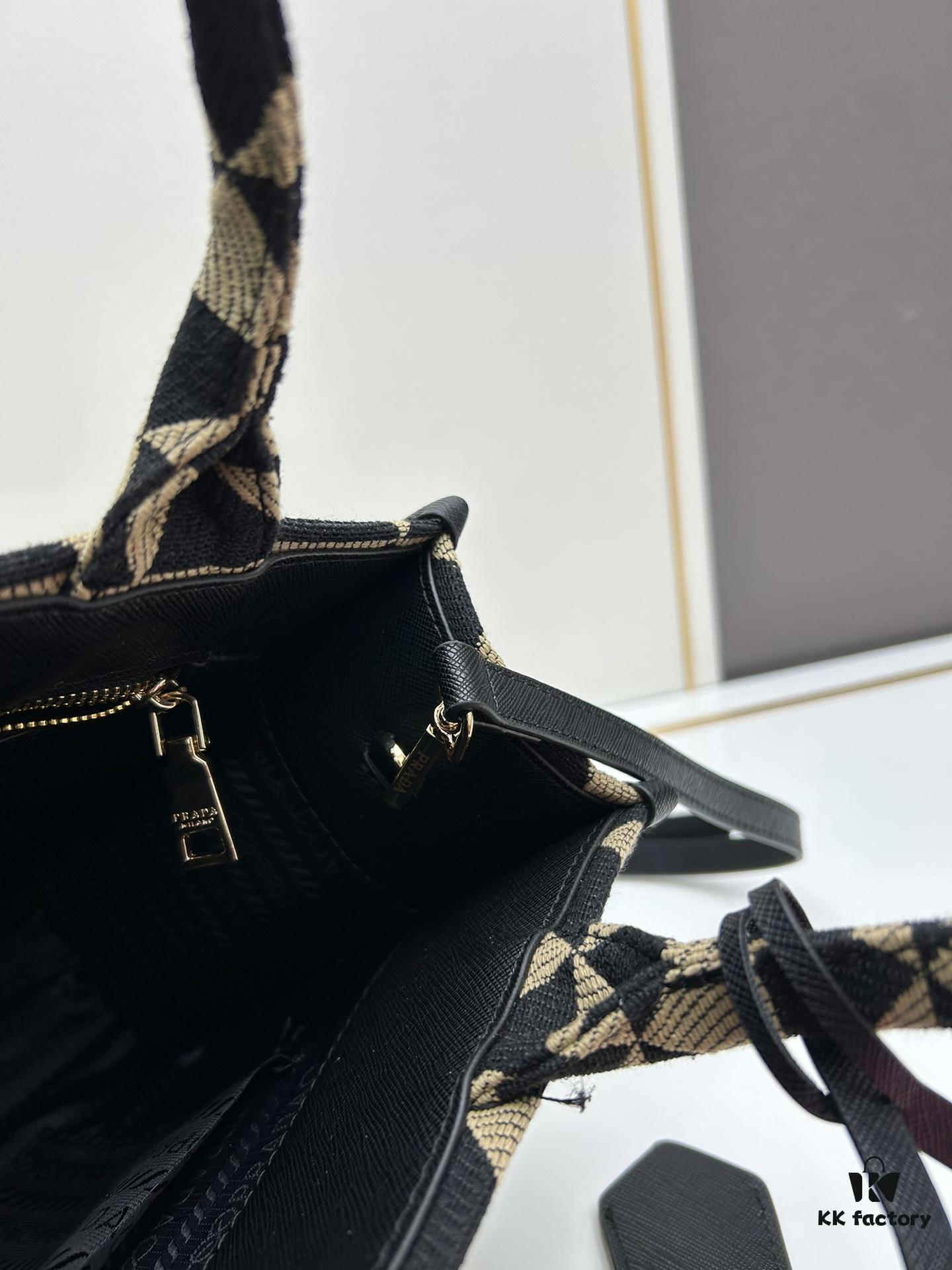 New Medium Prada Embroidered Fabric Tote Bag with Long Shoulder Strap